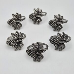 Set Of 6 Vintage Pewter Grape Cluster Napkin Rings Wine Dinner Rustic Winery